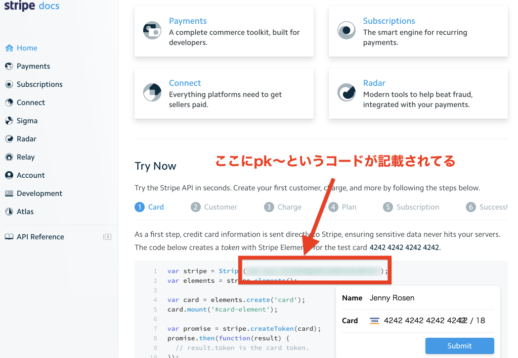 Stripeのテスト用publishkey取得